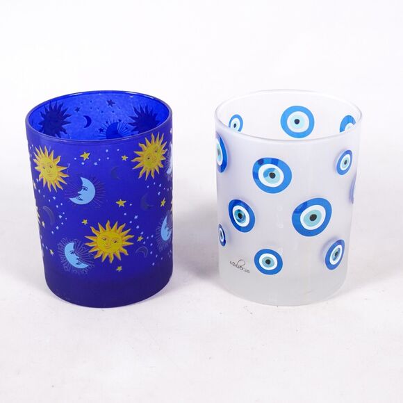 Celestial Sun Moon Stars Evil Eye Glass Candle Holder Cup Stand x2 Cobalt Blue - Picture 2 of 8